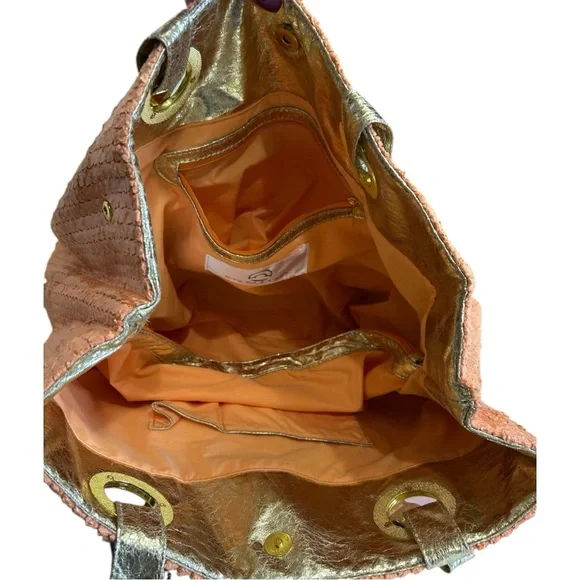 Big Buddha Tote Bag Coral Textured Pattern Gold Trim - Picture 5 of 15